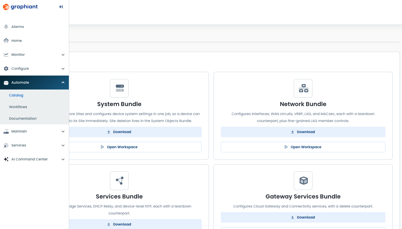 Automate menu expanded in the left navigation, showing Catalog, Workflows, and Documentation